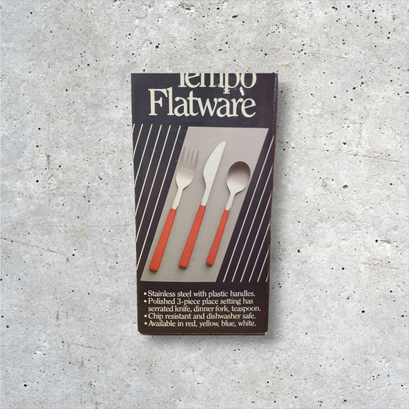 VTG 1984 Tempo Flatware 12 Piece Service For 4 3 Piece Place Setting Red Handles - Picture 1 of 12